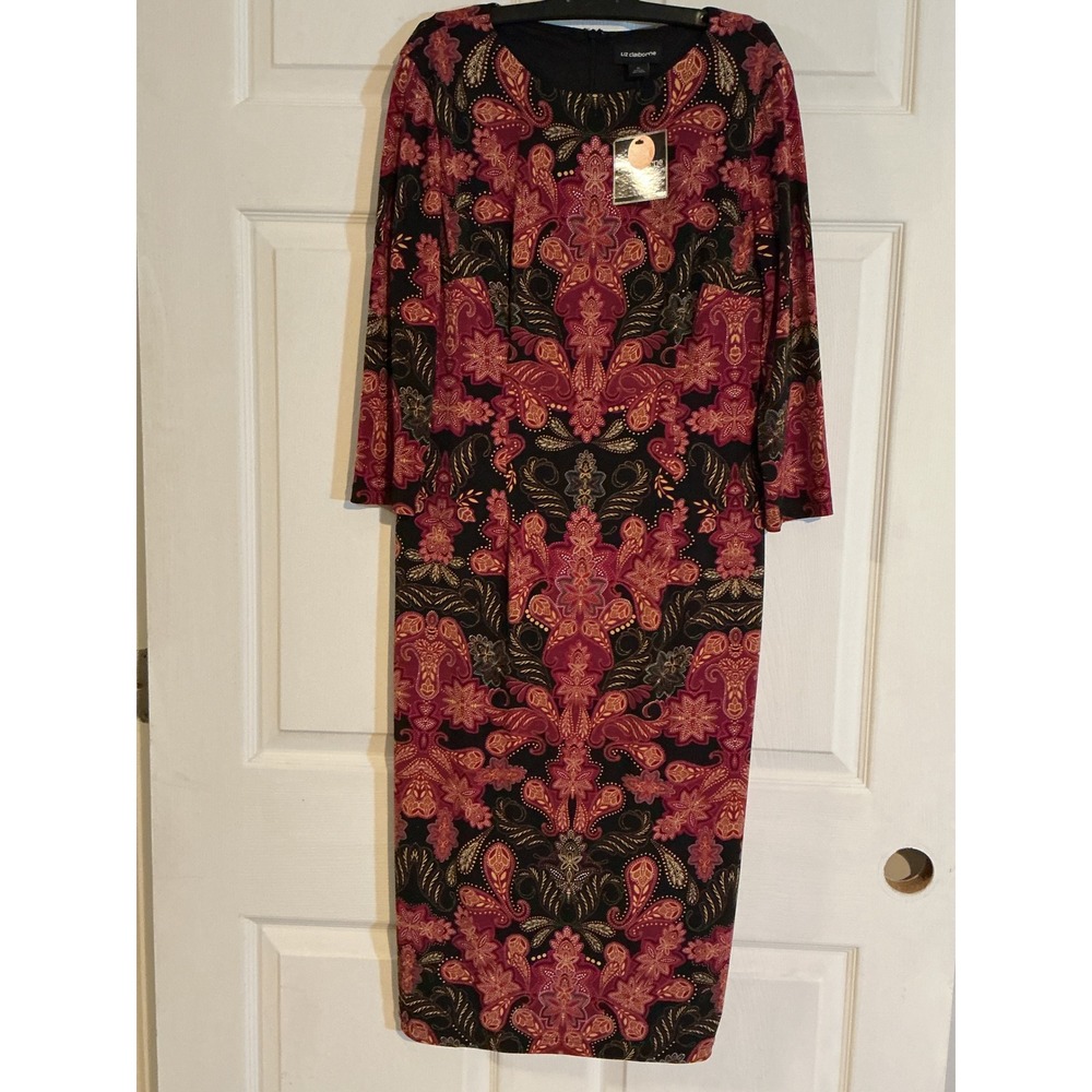 Liz Claiborne Womens Paisley Sheath Dress Black Red 3/4 Sleeve Size 6 NWT